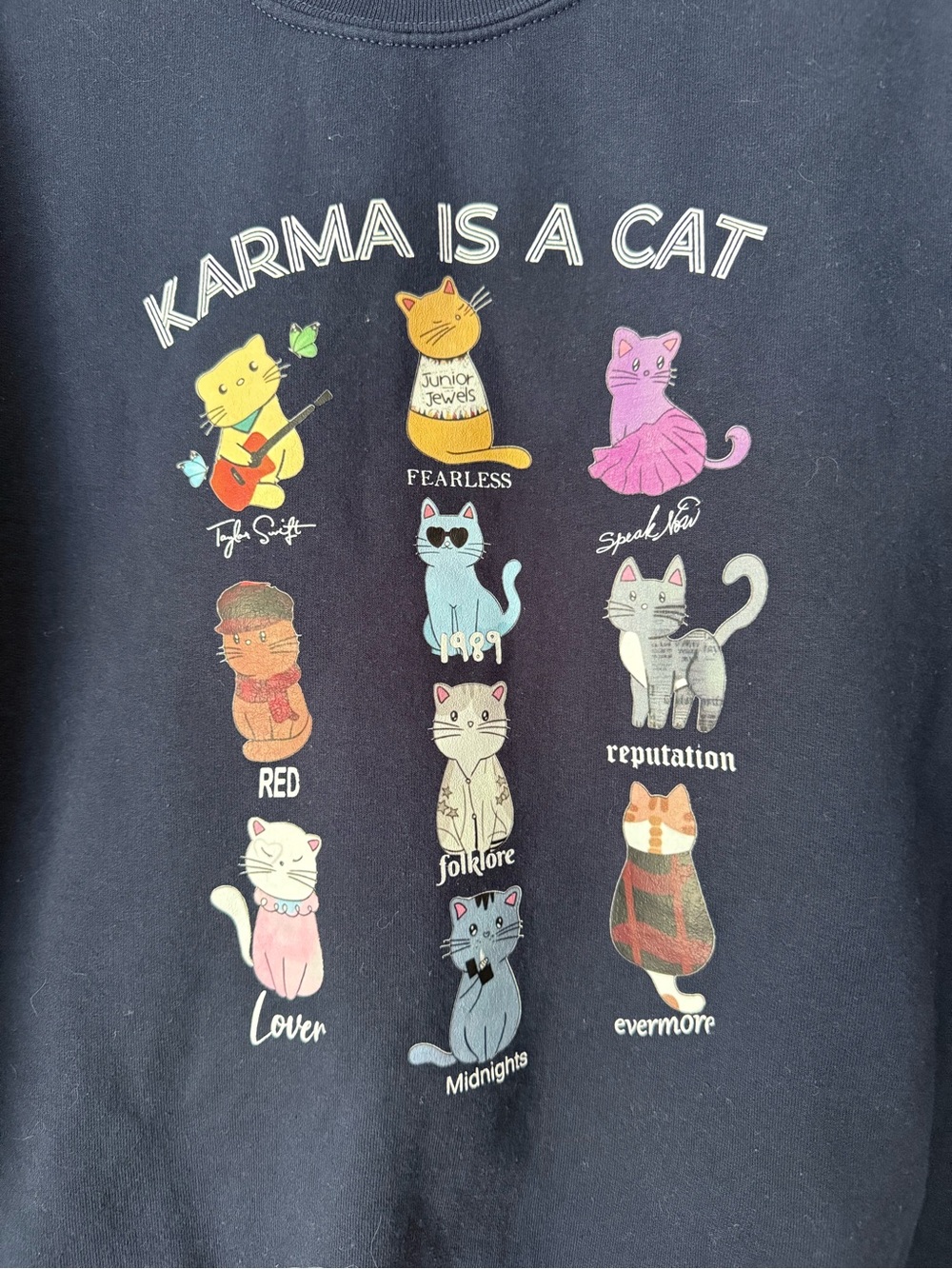 Taylor Swift Inspired Karma Is A Cat Eras Graphic Sweatshirt Navy Medium - Picture 2 of 3